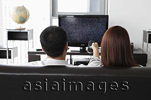 Asia Images Group - Back view of young couple watching TV at home