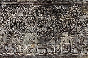 Asia Images Group - stone carvings on the wall of Angkor Wat, Camobia