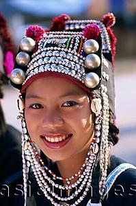 Asia Images Group - Thailand,Chiang Rai,Akha Hilltribe Girl Wearing Traditional Silver Headpiece