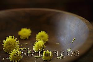 Asia Images Group - Close up of chrysanthemum flowers in wooden bowl.
