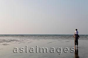 Asia Images Group - Son sitting on father's shoulders looking at beach