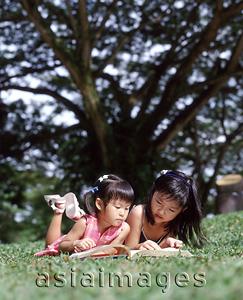 Asia Images Group - Two children lying on grass reading a book