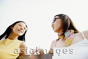 Asia Images Group - Two young women with sunglasses sitting and talking, low angle view