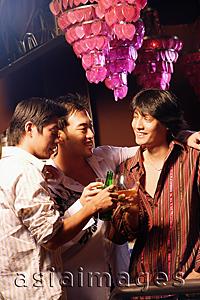 Asia Images Group - Three young men, standing side by side, toasting at entertainment club