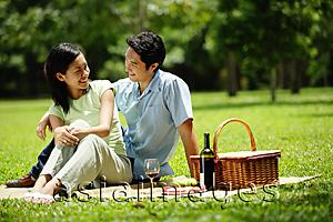 Asia Images Group - Couple in park, sitting with picnic basket, portrait