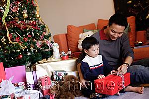 Asia Images Group - Father and son opening gifts on Christmas