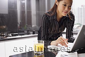 Asia Images Group - Female executive leaning on kitchen counter using laptop