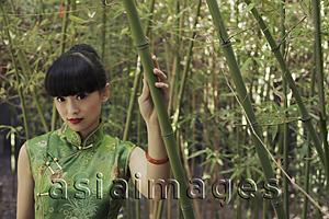 Asia Images Group - Young woman wearing traditional Chinese dress standing in bamboo forest