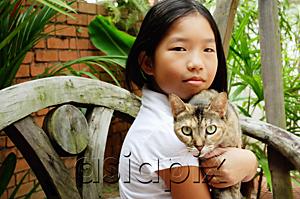 AsiaPix - Girl holding cat, looking at camera