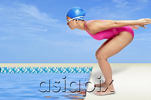AsiaPix - Woman bending, preparing to dive into swimming pool