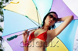 AsiaPix - Woman in bikini and sunglasses, holding umbrella