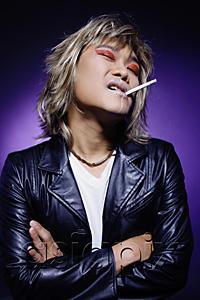AsiaPix - Man in leather jacket, wearing make-up, cigarette in mouth