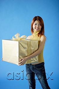 AsiaPix - Woman carrying big gift box, smiling
