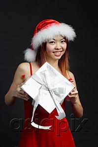 AsiaPix - Woman wearing Santa hat and red dress, holding silver gift box