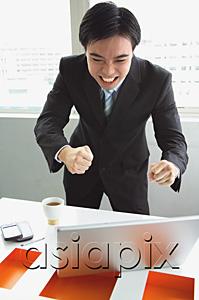 AsiaPix - Businessman standing, looking at laptop, making a face