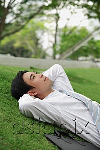 AsiaPix - Businessman lying on grass in park, looking up