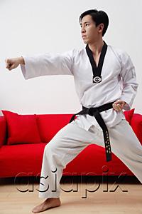 AsiaPix - Man at home practicing martial arts