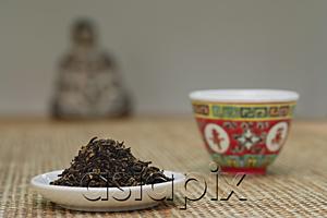 AsiaPix - Chinese teacup and plate of tea leaves, still life
