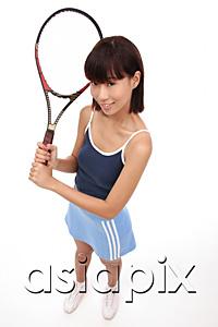 AsiaPix - Young woman with tennis racket, looking up at camera