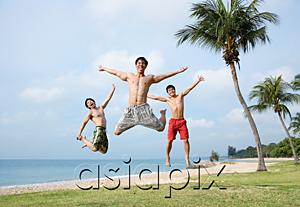 AsiaPix - Three men jumping in air, arms outstretched