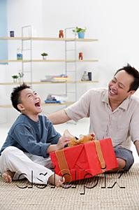 AsiaPix - Father and son at home, boy opening gift, looking up