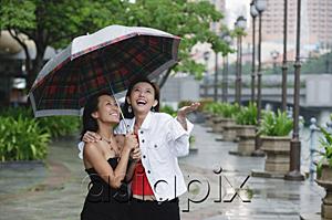 AsiaPix - Two women standing under umbrella, smiling
