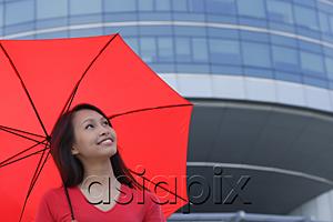 AsiaPix - Woman with red umbrella, looking up